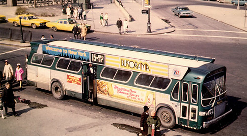 New York City Transit Authority 1960's era GMC "New Look" Fishbowl windshield bus with "Bat Wing" advertising panels tnear the roof. New York City. by Eddie from Chicago