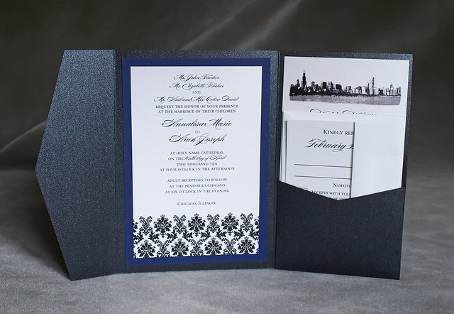 Chicago Skyline Damask Pocket Wedding Invitations Blue