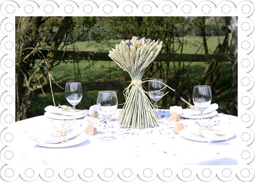 Green and Eco Country Barn Lavender Wheat Sheaf Wedding Table Centre by The