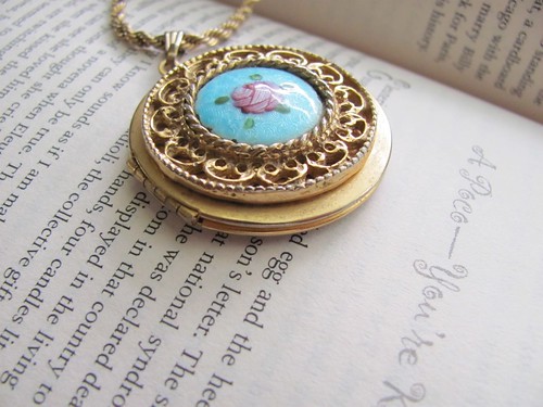 Gold vintage locket necklace with blue and pink flower pendant