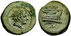43/6 var. Luceria L Semuncia. Roman mint. Mercury; ROMA / Prow, bulbous stem / L, no circle. RBW 3g25