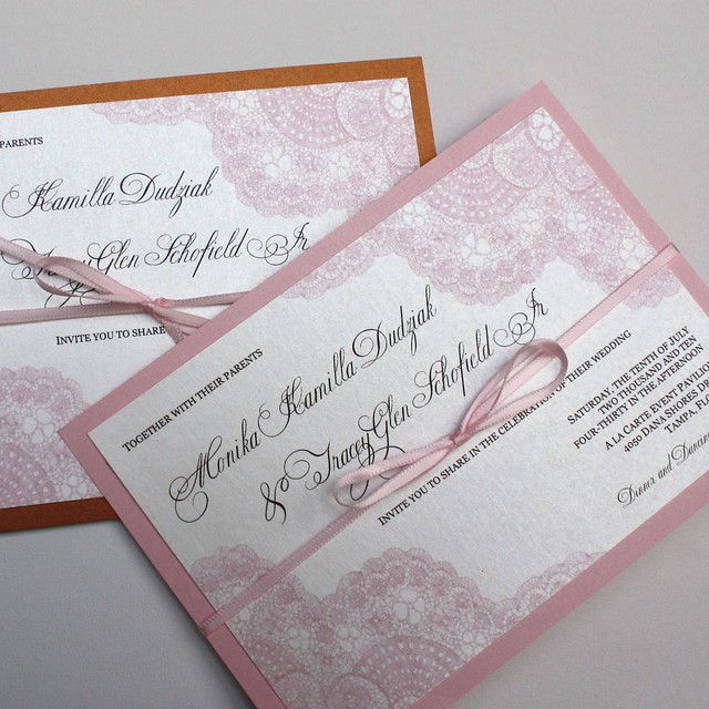 Monika's Vintage Antique Lace Pink and Copper Wedding Invitation Set