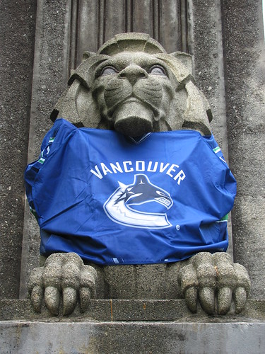 Stone Lion Wearing Specially-Made Vancouver Canucks Jersey at Lions Gate Bridge