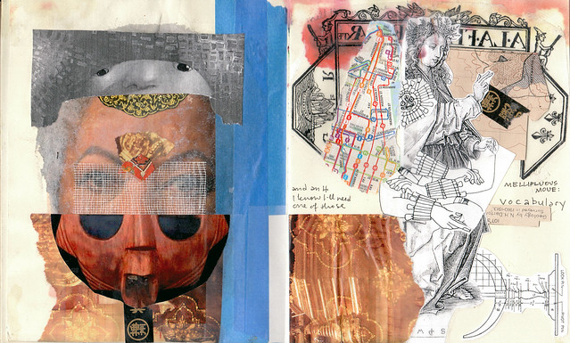 Mellifluous Moue sketch & mask collage, mixed media sketchbook pages, 2009 by Sarah Atlee. Some rights reserved.