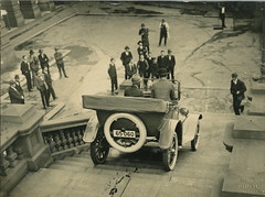 1920s' car being driven down the steps of Sydney Town Hall