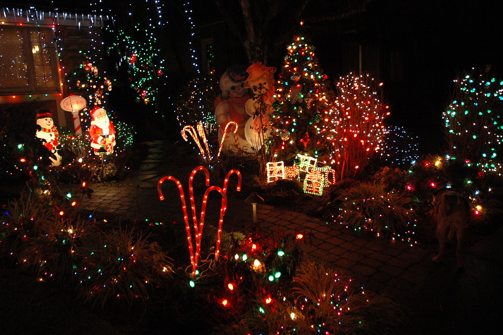 Various Christmas decorations, candy canes, Santa, snowman, Christmas tree, lights, presents, Seattle, Washington, USA