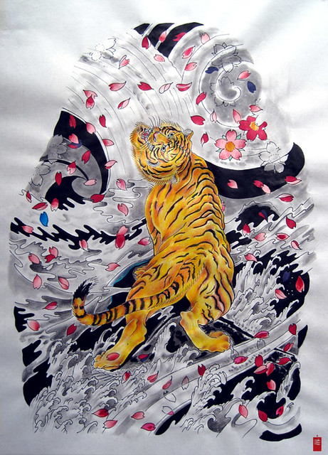 Japanese Tattoo Tiger and cherry blossoms Sleeve