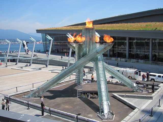 Testing Vancouver 2010 Olympic Cauldron Flames While Setting Up Pool at Base