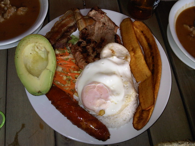 Bandeja Paisa is a regional Antioquian dish, heavy on the cholesterol and sodium.