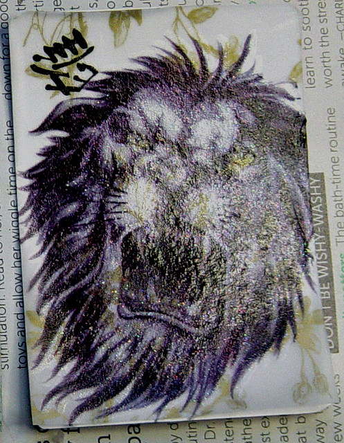 Chinese Lion Tattoo ATC Traded Playing card backed with scrapbook paper 