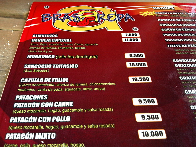 The menu of traditional Colombia dishes.