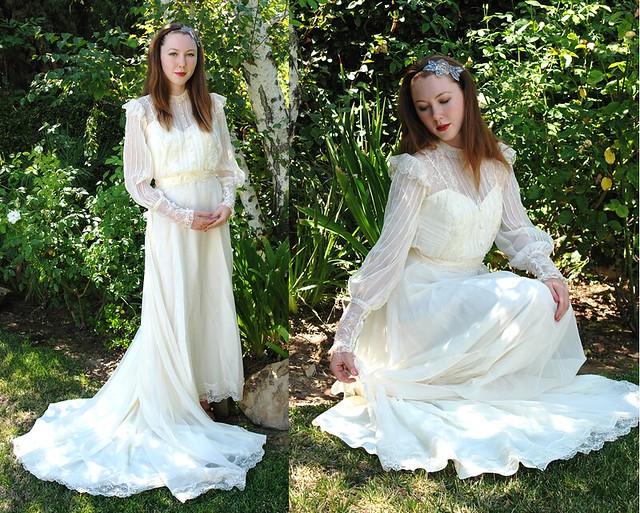 Vintage 1970s Ivory Organza Lace Victorian Train Wedding Gown 3
