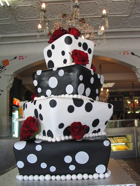 4 tier Square Mad hatter wedding cake black and white polka dot cake with
