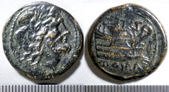 99/B2 Luceria anonymous Semis. Irregular mint, third phase. Saturn; S / Prow / ROMA, no mintmark. Paris d'Ailly 3254, 10g60. Luceria prow, odd rev, no mm.