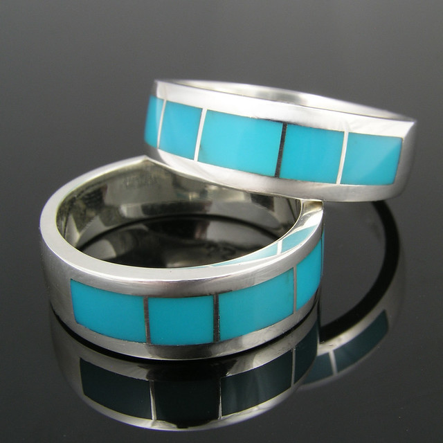 Custom sterling silver wedding ring set inlaid with turquoise