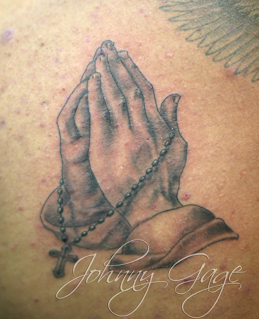 praying hands with rosary beads tattoo Tattooed by Johnny at