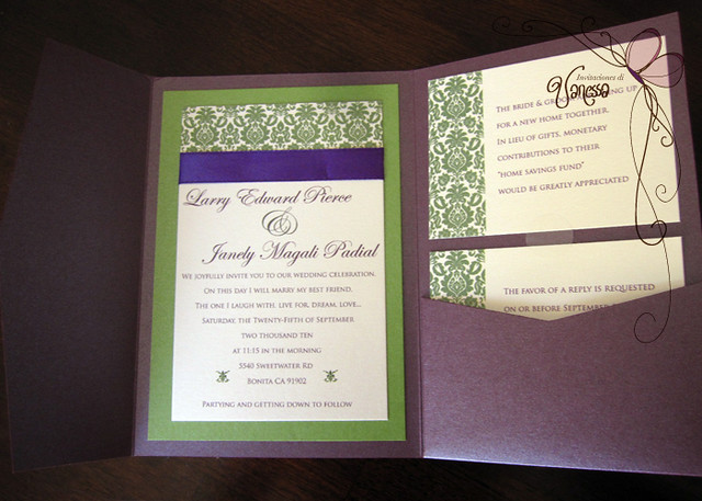 Purple and Green Wedding Invitation Ruby purple pocketfold wedding