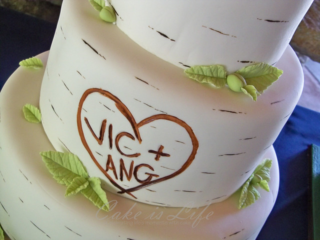 Closeup of Birch Tree Wedding Cake Super busy monthlots of photosno 