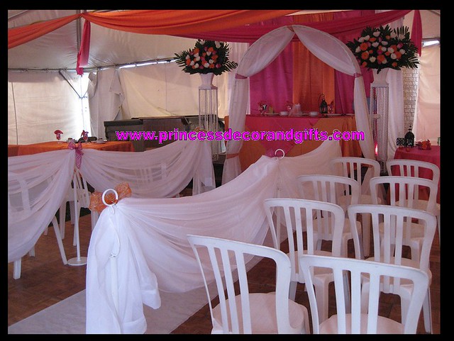 Hot Pink Satin Orange Crush Linens Ceiling Swags Satin Chair Wraps in 