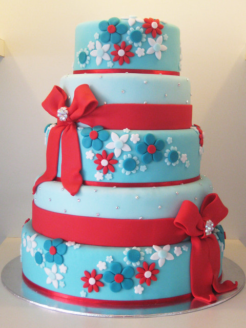 a 5 tier wedding cake in turquoise and red i'd been wanting to do this 