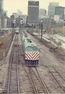 Chicago RTA locomotives backing in to La Salle Street Station. Chicago Illinois. Nov 1983. by Eddie from Chicago