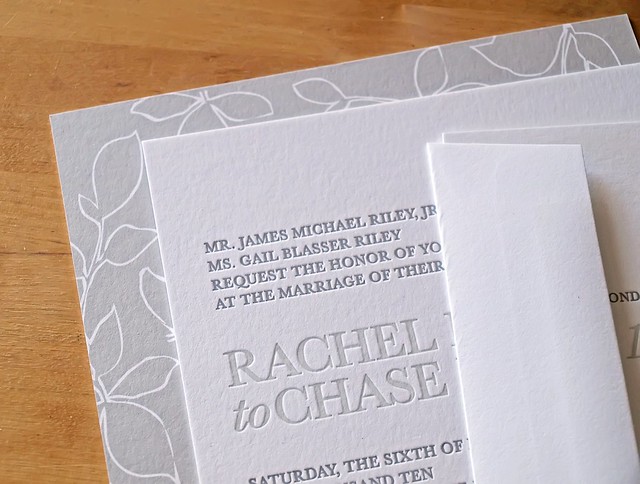 Cool Gray and Charcoal Grey Letterpress Wedding Invitation Front and Back