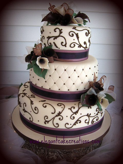 Eggplant Calla Wedding Cake Scrollwork and quilting with bouquets of