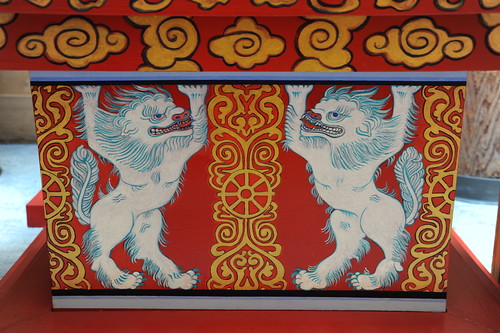Throne base, Tibetan Snow Lions, decoration, painted, Dharma Wheel, clouds, Vancouver Welcomes Dilgo Khyentse Yangsi Rinpoche and Shechen Rabjam Rinpoche to the West Coast of North America, Vancouver B.C. Canada by Wonderlane