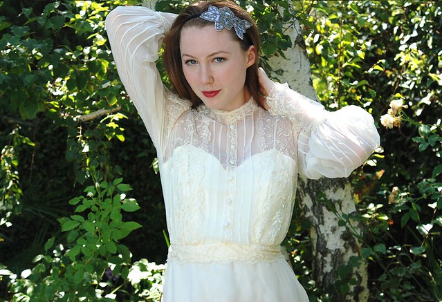Vintage 1970s Ivory Organza Lace Victorian Train Wedding Gown 4