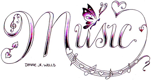 Tattoo Design of The word Music with some music notes hearts 