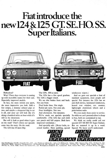 Australian magazine ad for the 1970 Fiat 124 Special and 125 Special
