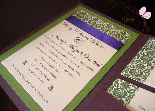 Purple and Green Wedding Invitation Ruby purple pocketfold wedding 