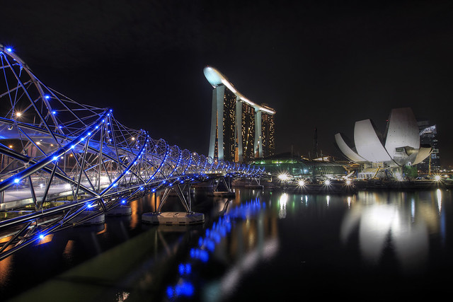 Helix Bridge and Marina Bay Sands at Night - HDR