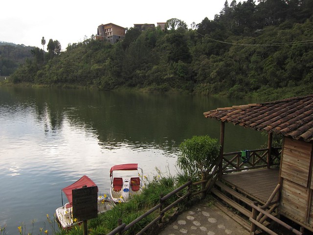 View of the lake, with the park's hotel perched on a hill above.