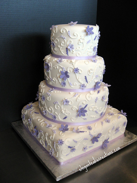 Purple and Scrolls Wedding Cake Fondant covered with RI scrolls in white 