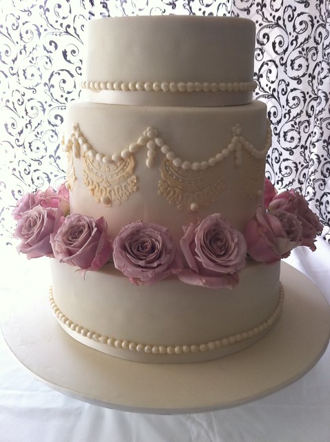 Vintage Lace Pearl wedding cake Chocolate mudcakes covered with white 