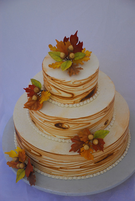 Wood grain fall leaves wedding cake 3 Tier Italian Meringue Buttercream 