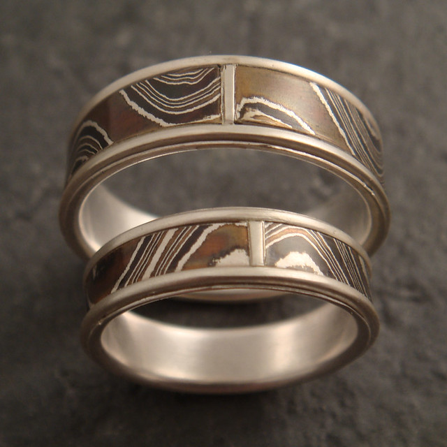 silver lined mokume wave wedding set by downtothewiredesigns