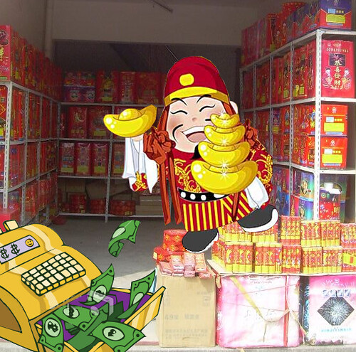 Chinese money god hides happily behind fireworks
                  store cash register