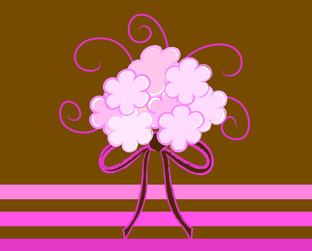 Clip Art Illustration of a Wedding Bouquet on a Brown and Pink Background