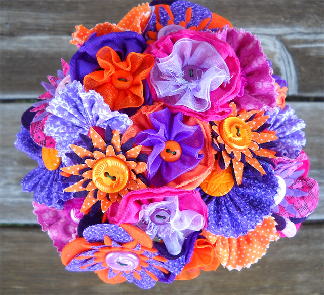 Purple Hot PInk and Orange Button Wedding Bride Flower Girl Bouquet