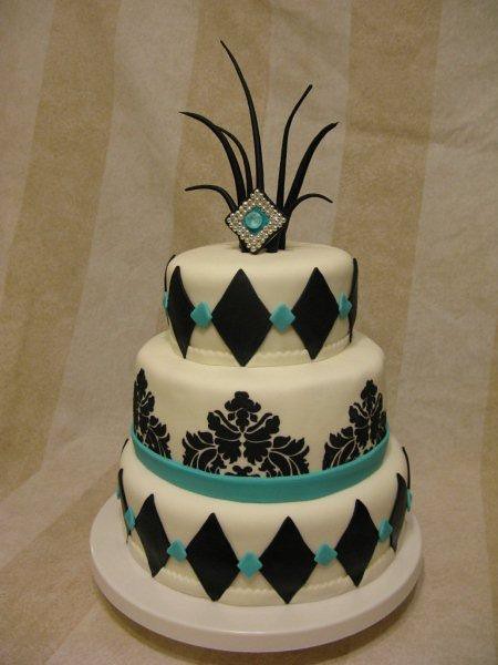 teal and black 3 tiered wedding cake 003 by TaylorMade Cakes