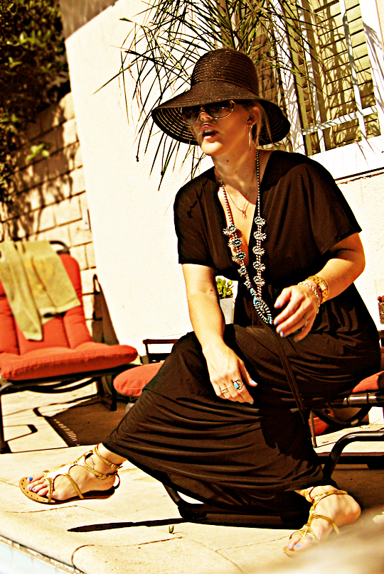 Black Caftan with Jewelry, Sunglasses and Sun Hat
