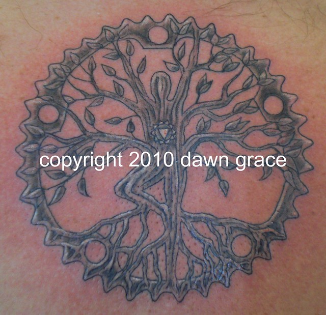 Black grey yoga tree bike gear tattoo by Dawn Grace