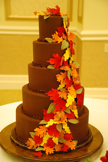 Ganache 5 Tier Fall Leaves Wedding Cake A 5 tier Chocolate Ganache covered