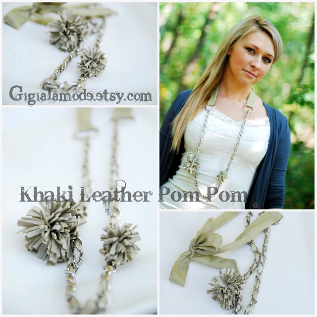 Khaki Leather Pom Pom Necklace