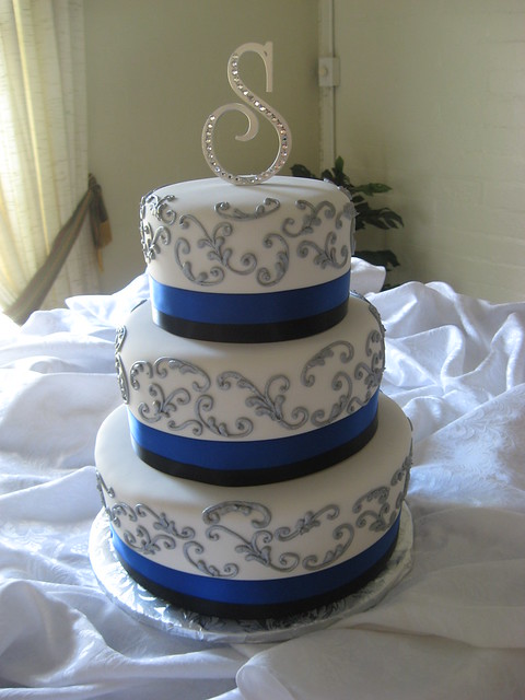 White and Blue Band Wedding Cake