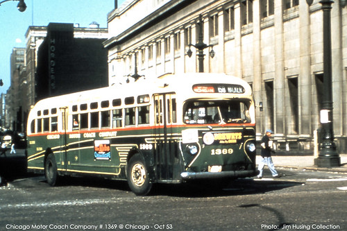 Historic photo! Chicago Motor Coach Company GMC 35 foot transit bus #3869 passing Chicago Union Station. Chicago Illinois. October 1953. by Eddie from Chicago