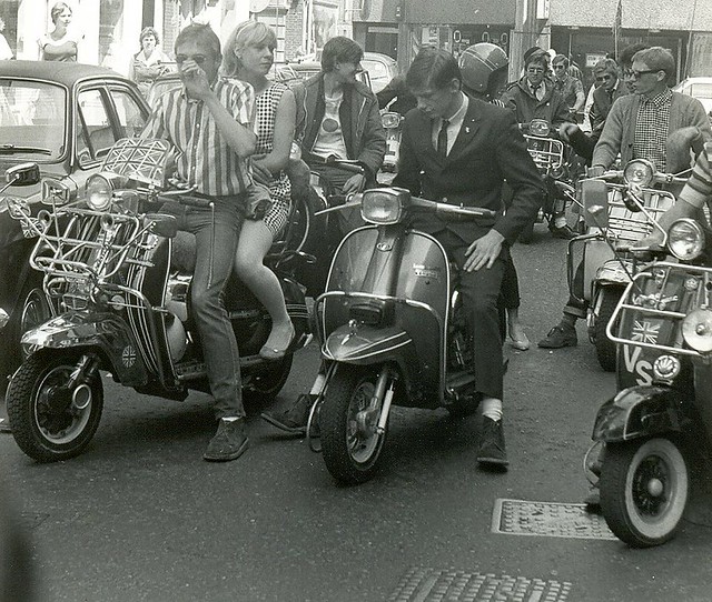 Mods on scooters in London, 1979