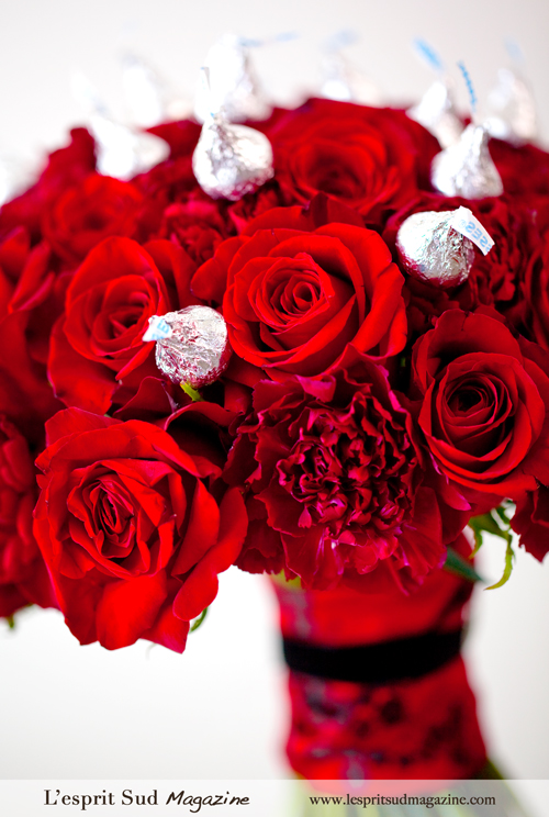 Red bridal bouquet (Roses, carnations, Kisses)